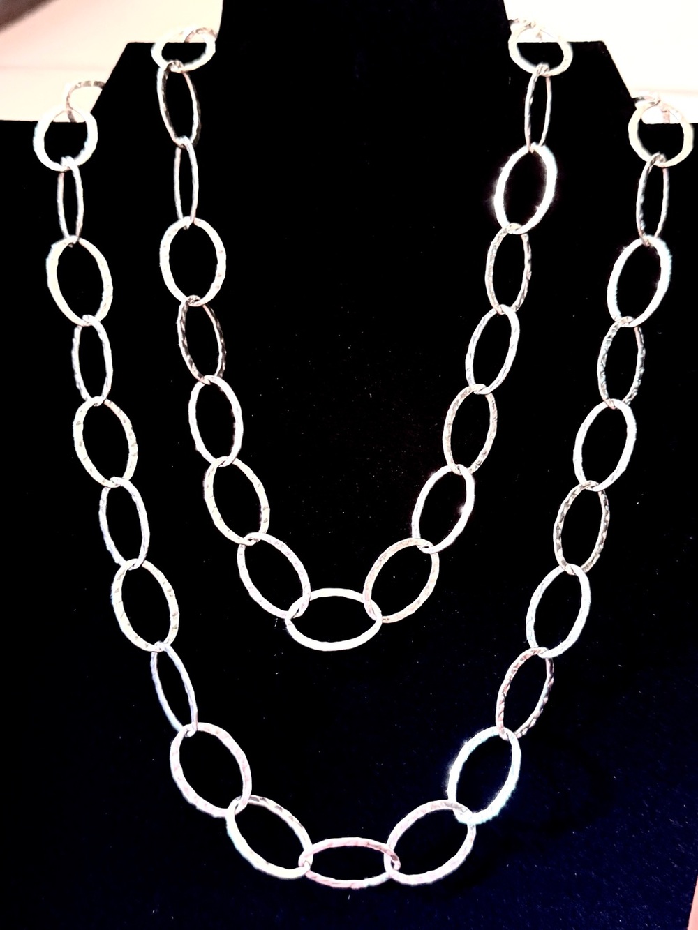 36G Hammered Sterling Silver 40" Chain Necklace Oval Links Handmade Vintage